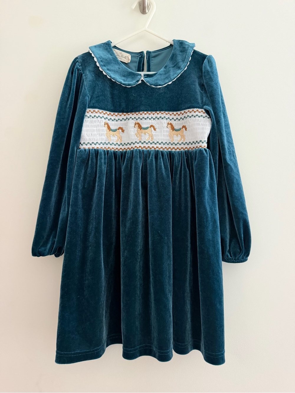 Marie Nicole Girls Teal Velvet Smocked Horse Embroidered Dress 2XL Party Cottage